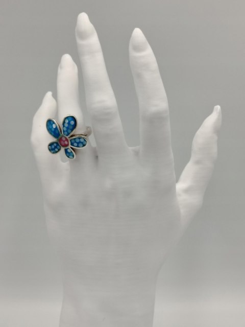 Piękny srebrny damski pierścionek KWIAT emalia r.17/18 srebro 925 biżuteria