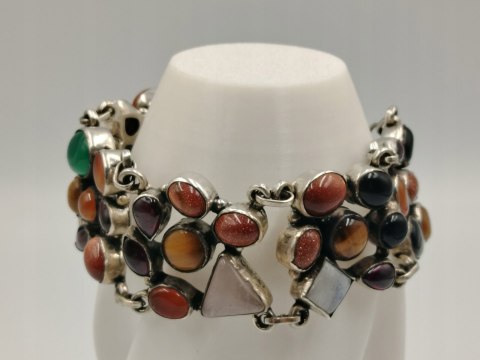 Piękna stara srebrna damska bransoletka MIX kamieni biżuteria VINTAGE