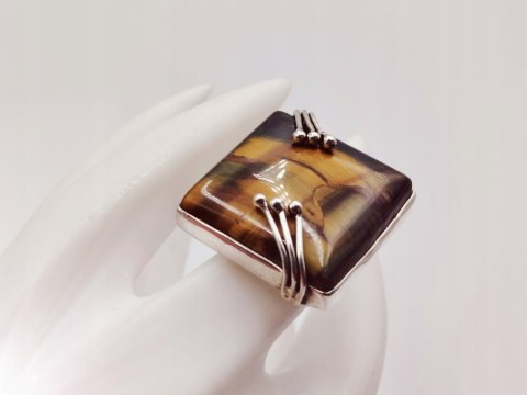 Piękny stary srebrny damski pierścionek TYGRYSIE OKO r.14 srebro biżuteria