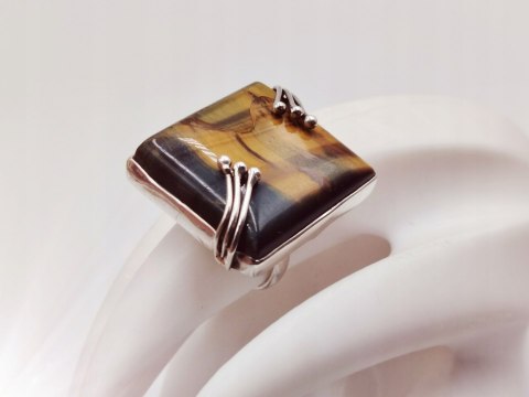 Piękny stary srebrny damski pierścionek TYGRYSIE OKO r.14 srebro biżuteria