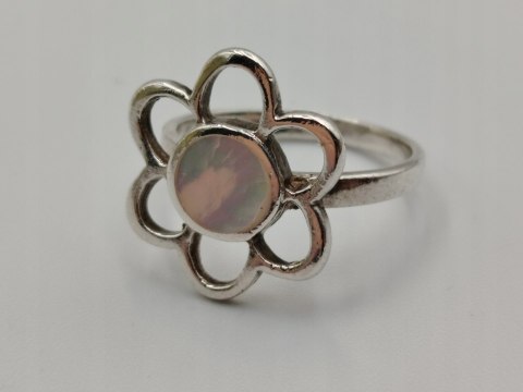 Stary srebrny damski pierścionek ażurowy MASA PERŁOWA KWIAT r. 13 biżuteria