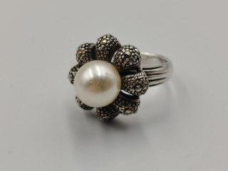 Stary srebrny pierścionek PERŁA MARKAZYTY r.14 srebro 925 VINTAGE biżuteria