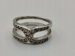 Stary srebrny pierścionek/obrączka ażurowa CYRKONIE r.14 srebro 925 VINTAGE