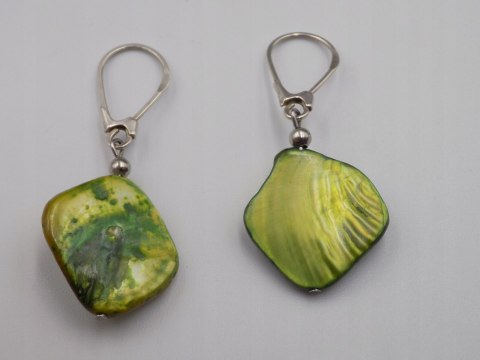 Stare srebrne kolczyki limonkowo-zielone, masa perłowa VINTAGE biżuteria