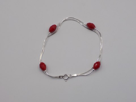 Piękna srebrna damska bransoletka - czerwone koraliki, srebro 925 biżuteria