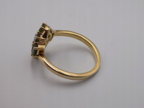 Piękny damski srebrny, pozłacany pierścionek - zielone cyrkonie - roz. 23