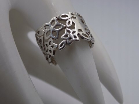 Srebrny ażurowy pierścionek/obrączka KWIATY - r. 11/12 srebro 925 VINTAGE