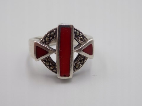 Stary srebrny pierścionek emalia+markazyty roz.13 srebro biżuteria VINTAGE