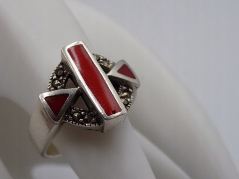 Stary srebrny pierścionek emalia+markazyty roz.13 srebro biżuteria VINTAGE