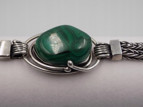 Stara, srebrna, damska, bransoletka - malachit - srebro 925, w: 63,94 g.
