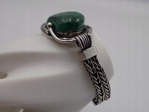 Stara, srebrna, damska, bransoletka - malachit - srebro 925, w: 63,94 g.